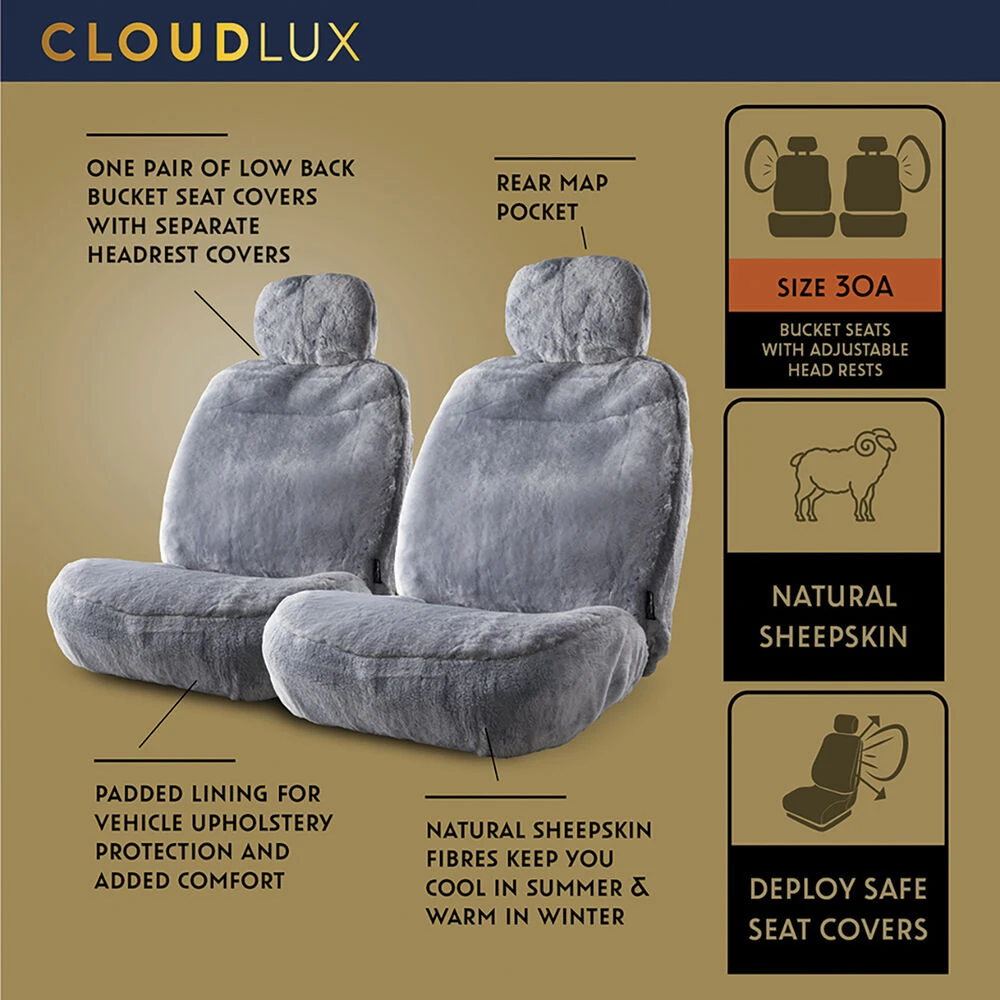 Gold CLOUDLUX Sheepskin Seat Covers - Grey Adjustable Headrests Size 30 Front Pair Airbag Compatible 6 Gold CLOUDLUX Sheepskin Seat Covers - Grey Adjustable Headrests Size 30 Front Pair Airbag Compatible - Image 4