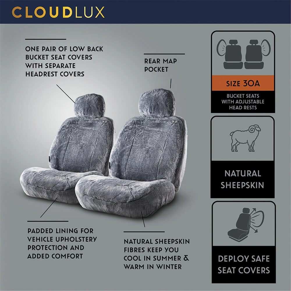 Silver CLOUDLUX Sheepskin Seat Covers - Grey Adjustable Headrests Size 30 Front Pair Airbag Compatible 6 Silver CLOUDLUX Sheepskin Seat Covers - Grey Adjustable Headrests Size 30 Front Pair Airbag Compatible - Image 4