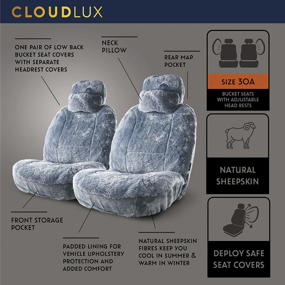 Platinum CLOUDLUX Sheepskin Seat Covers - Grey Adjustable Headrests Size 30 Front Pair Airbag Compatible 6 Platinum CLOUDLUX Sheepskin Seat Covers - Grey Adjustable Headrests Size 30 Front Pair Airbag Compatible - Image 4