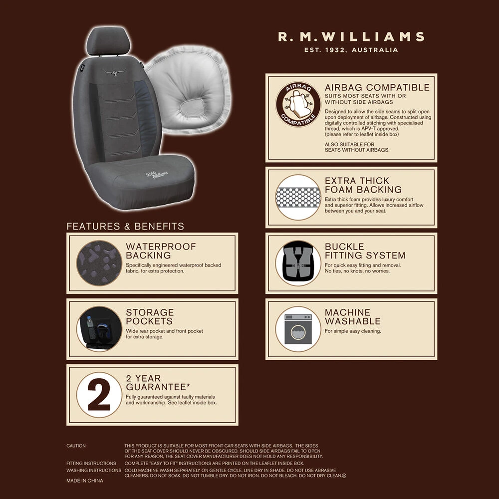 R. M. Williams R.M.Williams Suede Velour Seat Covers - Grey Adjustable Headrests Size 30 Front Pair Airbag Compatible 5 R. M. Williams R.M.Williams Suede Velour Seat Covers - Grey Adjustable Headrests Size 30 Front Pair Airbag Compatible - Image 3