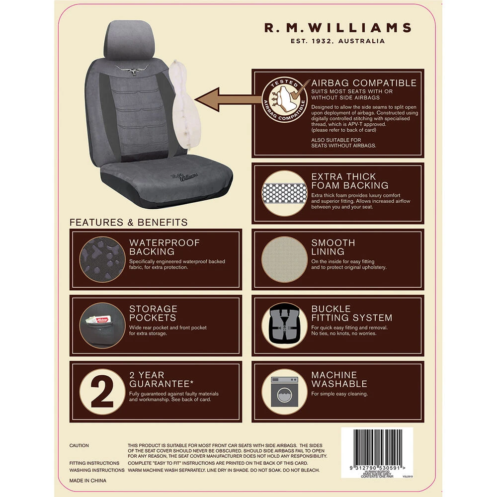 R. M. Williams R.M.Williams Suede Velour Seat Covers - Grey Adjustable Headrests Size 30 Front Pair Airbag Compatible 6 R. M. Williams R.M.Williams Suede Velour Seat Covers - Grey Adjustable Headrests Size 30 Front Pair Airbag Compatible - Image 4