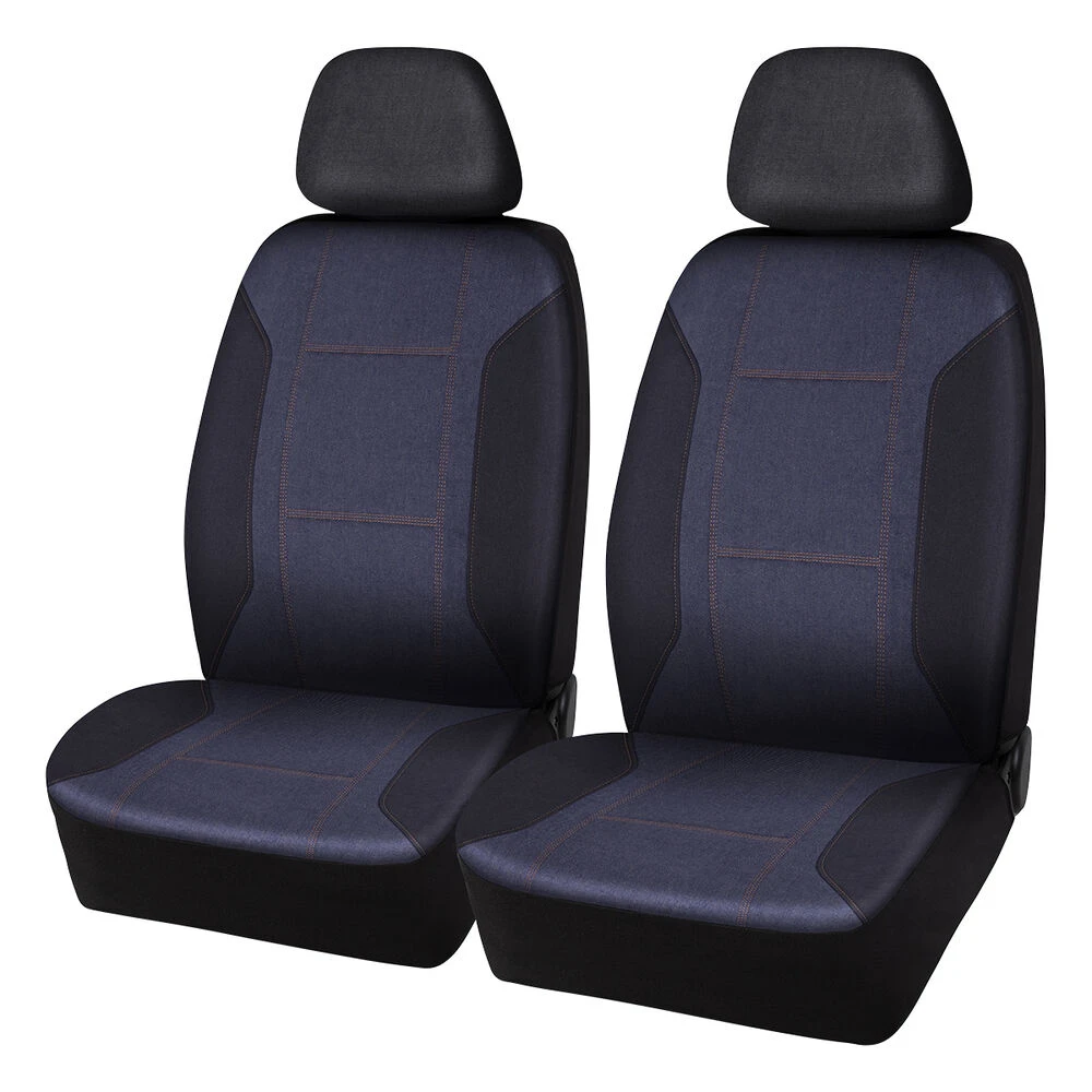 SCA Denim & Twill Polyester Seat Covers Black/Blue Adjustable Headrests Airbag Compatible 3 SCA Denim & Twill Polyester Seat Covers Black/Blue Adjustable Headrests Airbag Compatible