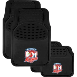 NRL Floor Mats - Roosters, Combo Rubber/Carpet, Black, Set Of 4