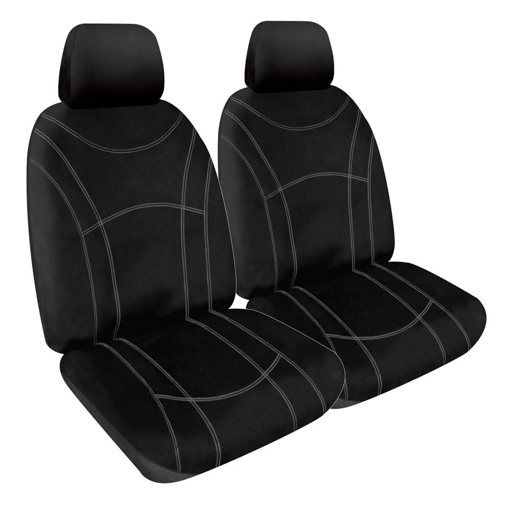 SPERLING Getaway Neoprene Ready Made Seat Covers - Front, Black/Silver Stitch, Suits Hilux 3 SPERLING Getaway Neoprene Ready Made Seat Covers - Front, Black/Silver Stitch, Suits Hilux